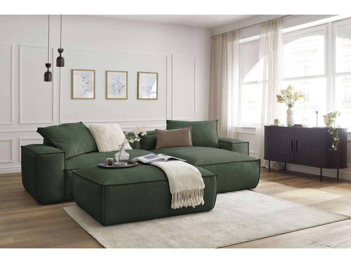 Canapé d'angle réversible ultra moelleux BOHEME tissu chiné avec pouf vert  réversible BOBOCHIC 3 places