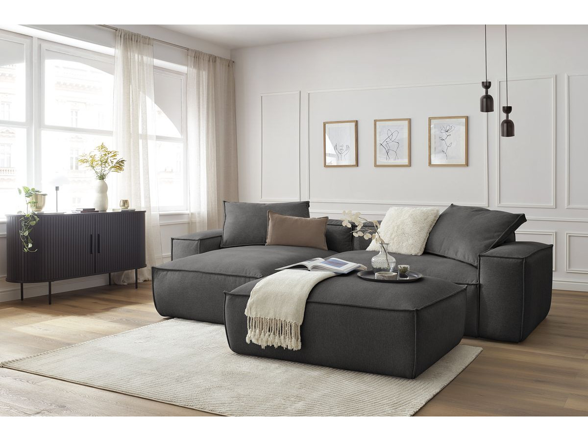 Canapé d'angle réversible ultra moelleux BOHEME tissu chiné avec pouf