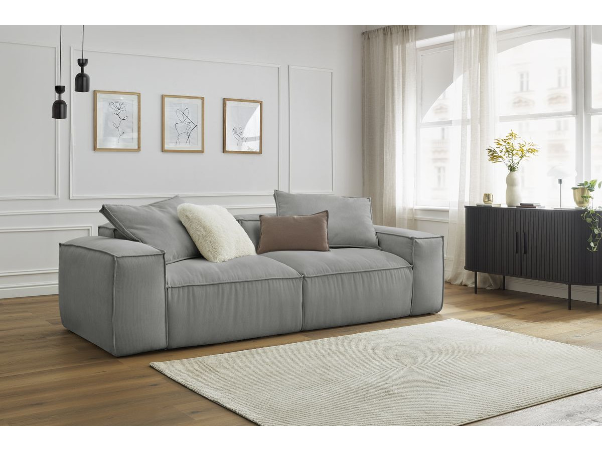 Canapé droit 3 places ultra moelleux BOHEME velours côtelé gris clair