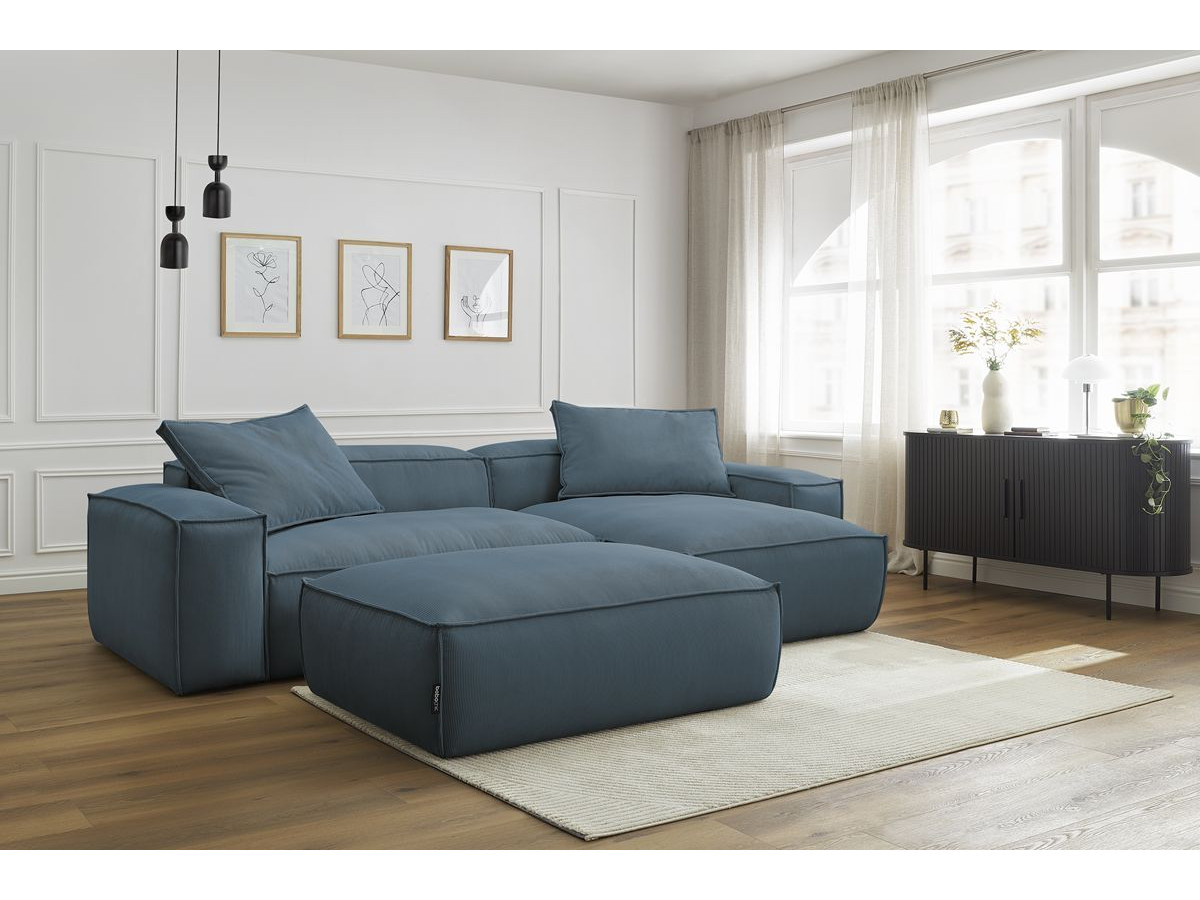 Canapé d'angle réversible ultra moelleux BOHEME velours côtelé avec pouf bleu — vue 5