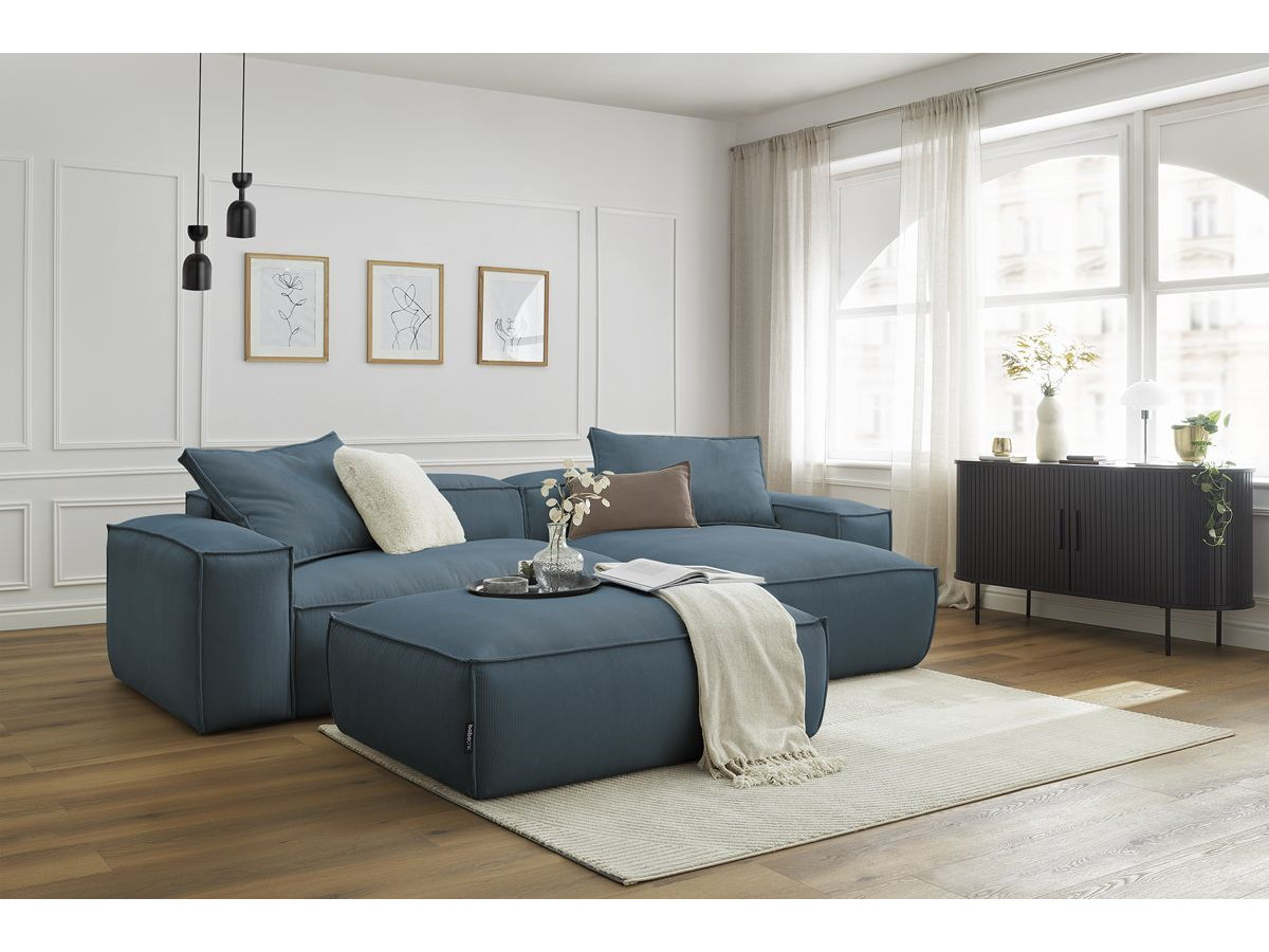 Canapé d'angle réversible ultra moelleux BOHEME velours côtelé avec pouf bleu  réversible BOBOCHIC 3 places