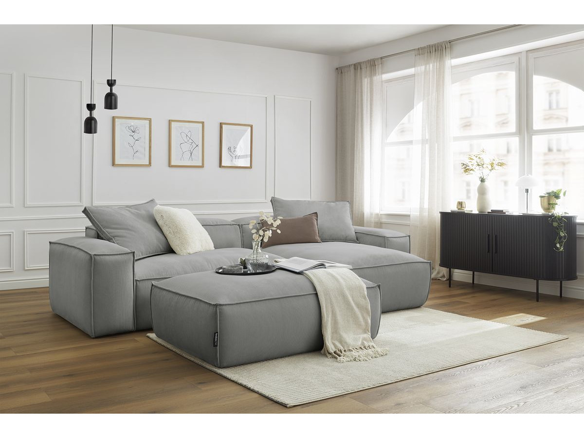 Canapé d'angle réversible ultra moelleux BOHEME velours côtelé avec pouf gris clair  réversible BOBOCHIC 3 places