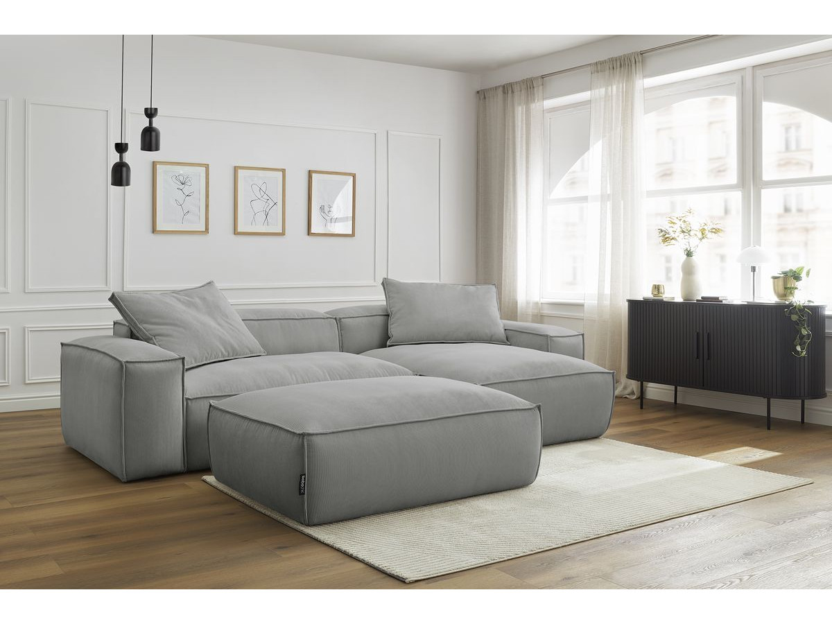 Canapé d'angle réversible ultra moelleux BOHEME velours côtelé avec pouf gris clair — vue 5