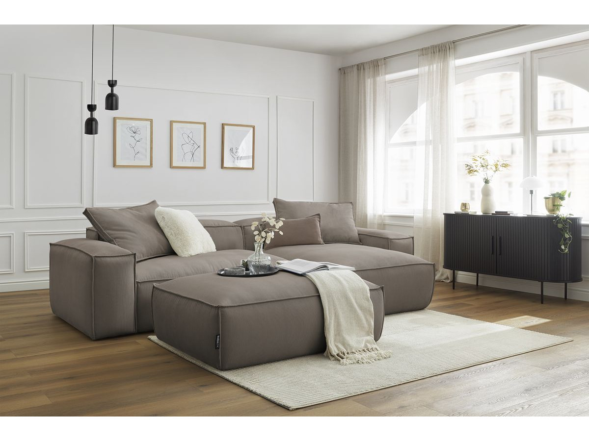 Canapé d'angle réversible ultra moelleux BOHEME velours côtelé avec pouf taupe  réversible BOBOCHIC 3 places