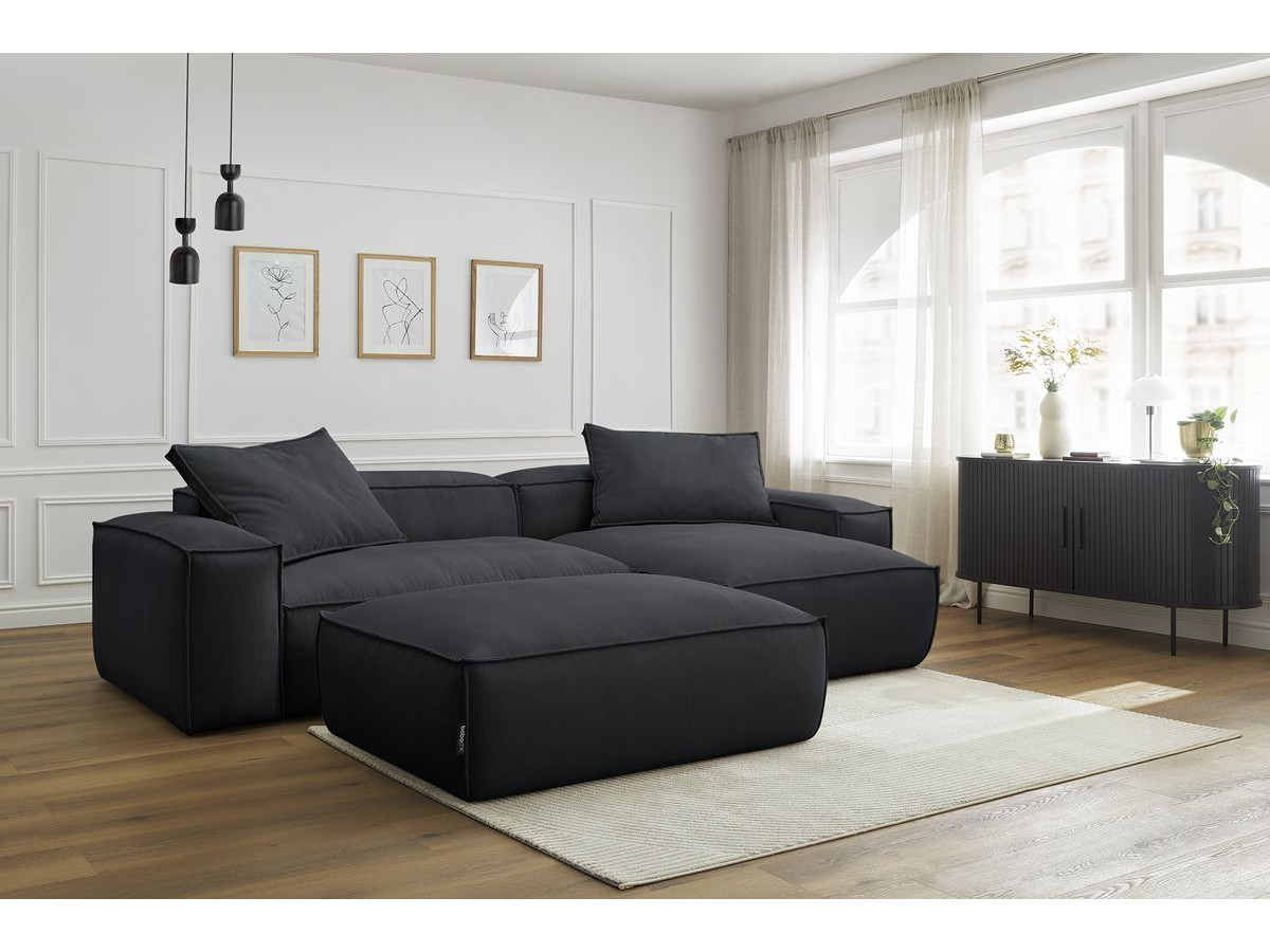 Canapé d'angle réversible ultra moelleux BOHEME velours côtelé avec pouf noir — vue 5