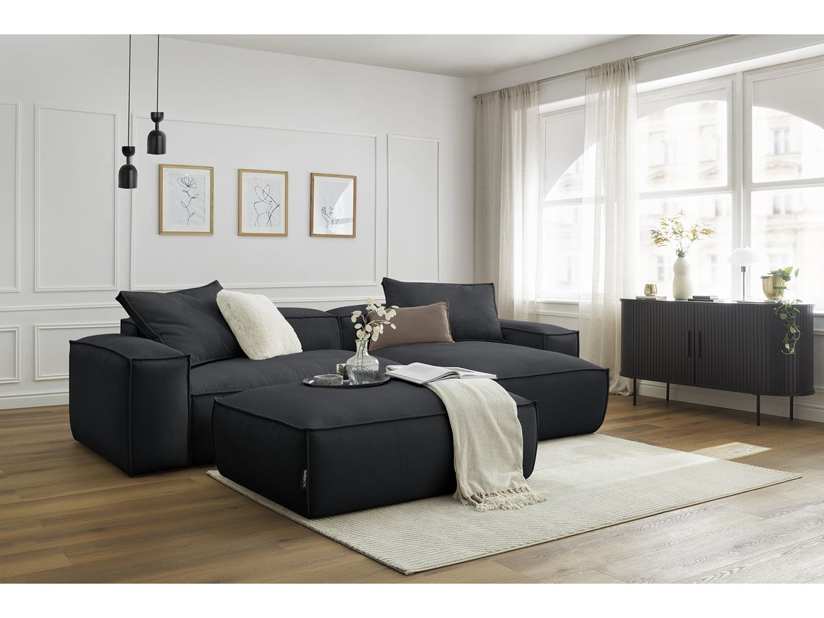 Canapé d'angle réversible ultra moelleux BOHEME velours côtelé avec pouf noir  réversible BOBOCHIC 3 places