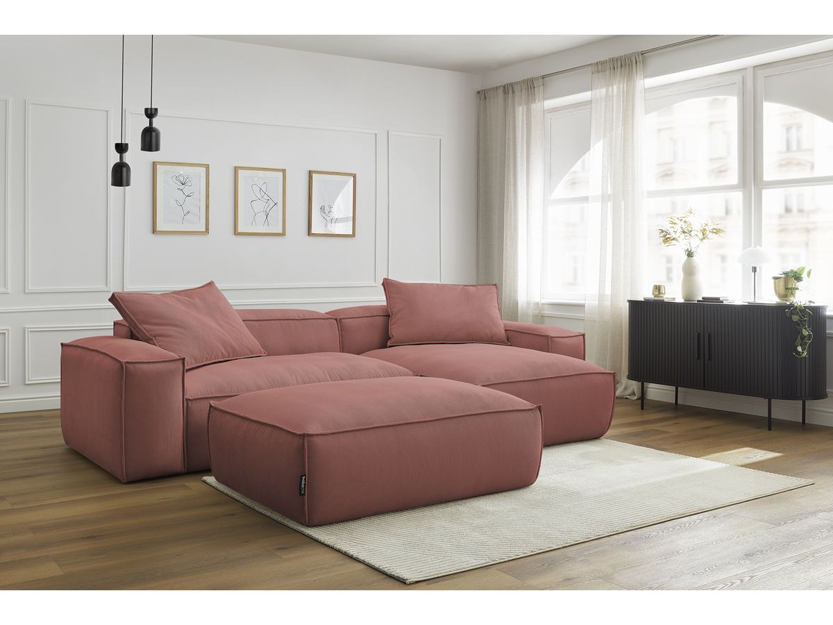 Canapé d'angle réversible ultra moelleux BOHEME velours côtelé avec pouf rose — vue 5