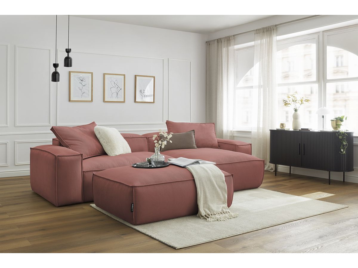 Canapé d'angle réversible ultra moelleux BOHEME velours côtelé avec pouf rose  réversible BOBOCHIC 3 places