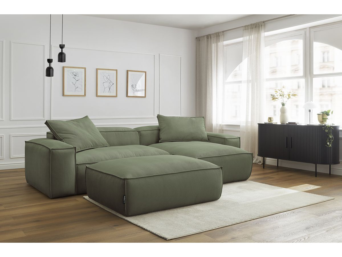 Canapé d'angle réversible ultra moelleux BOHEME velours côtelé avec pouf vert — vue 5