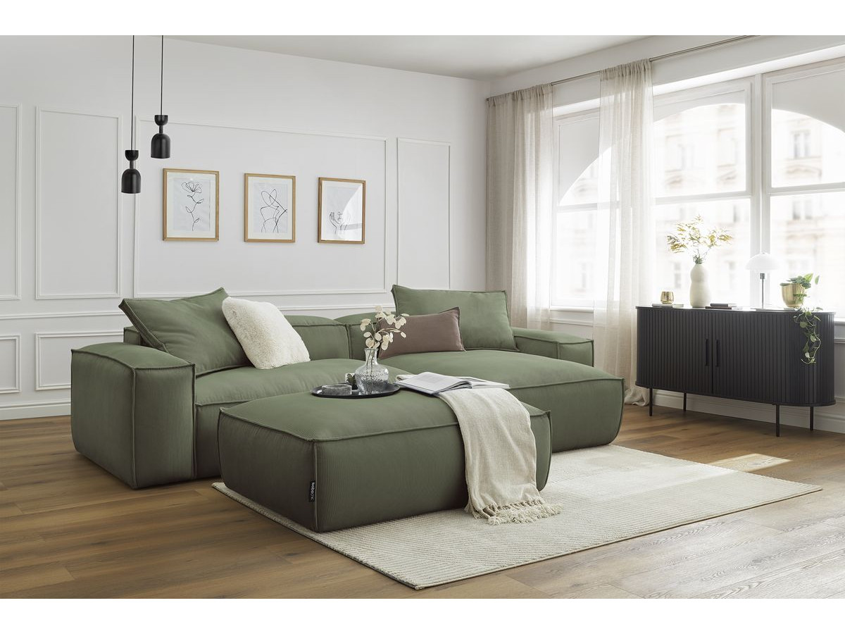 Canapé d'angle réversible ultra moelleux BOHEME velours côtelé avec pouf vert  réversible BOBOCHIC 3 places