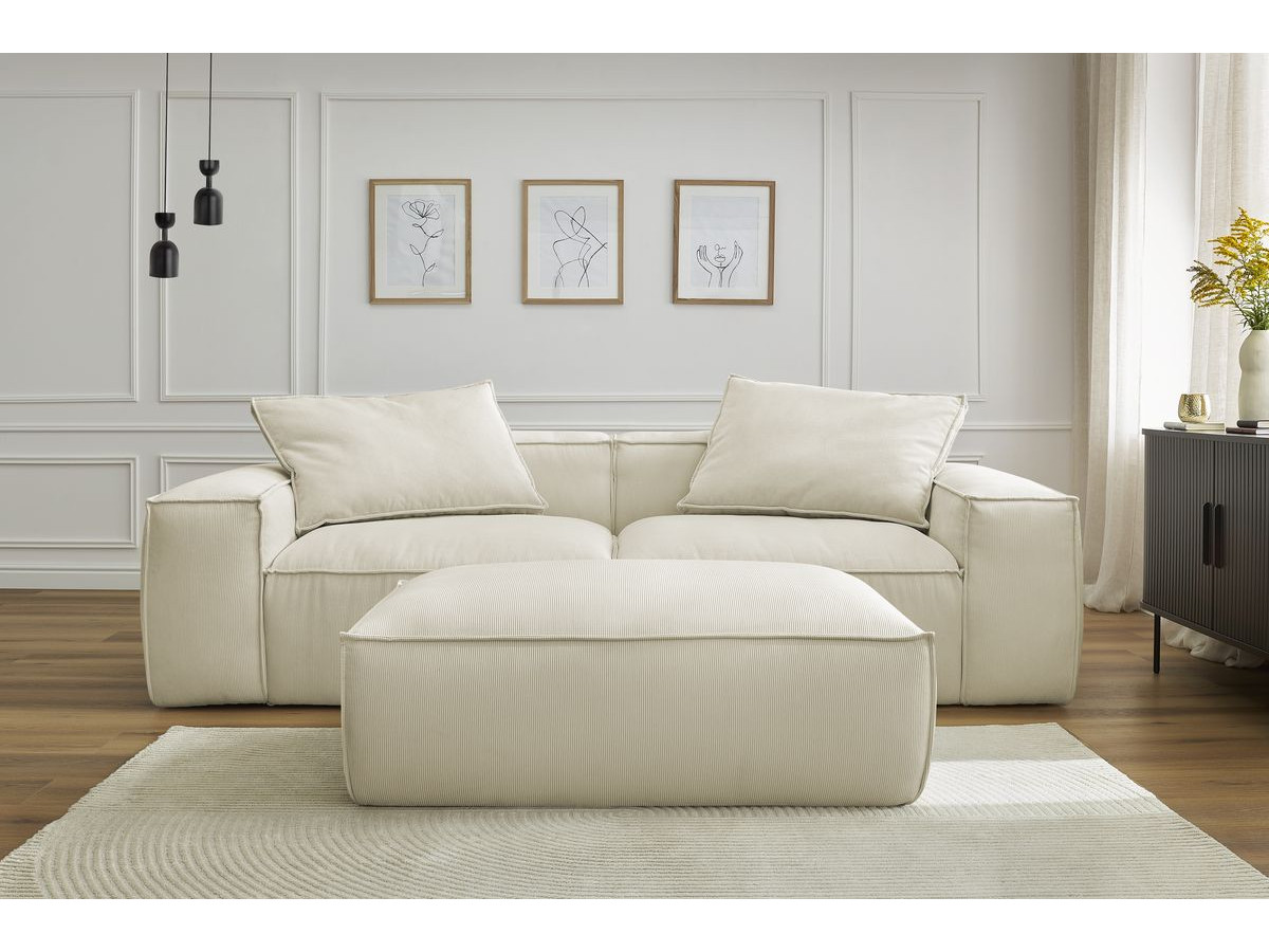 Canapé droit 3 places ultra moelleux BOHEME velours côtelé avec pouf beige — vue 6