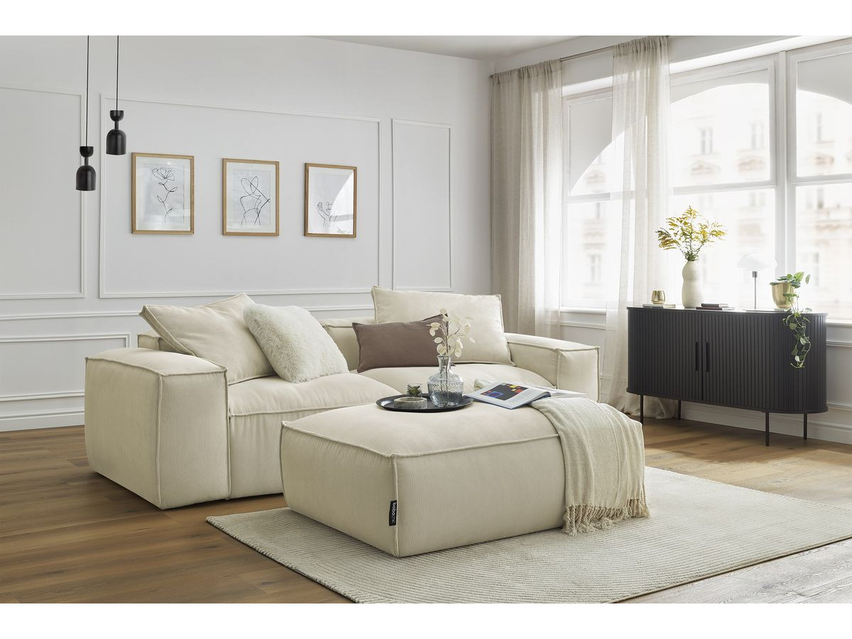 Canapé droit 3 places ultra moelleux BOHEME velours côtelé avec pouf beige