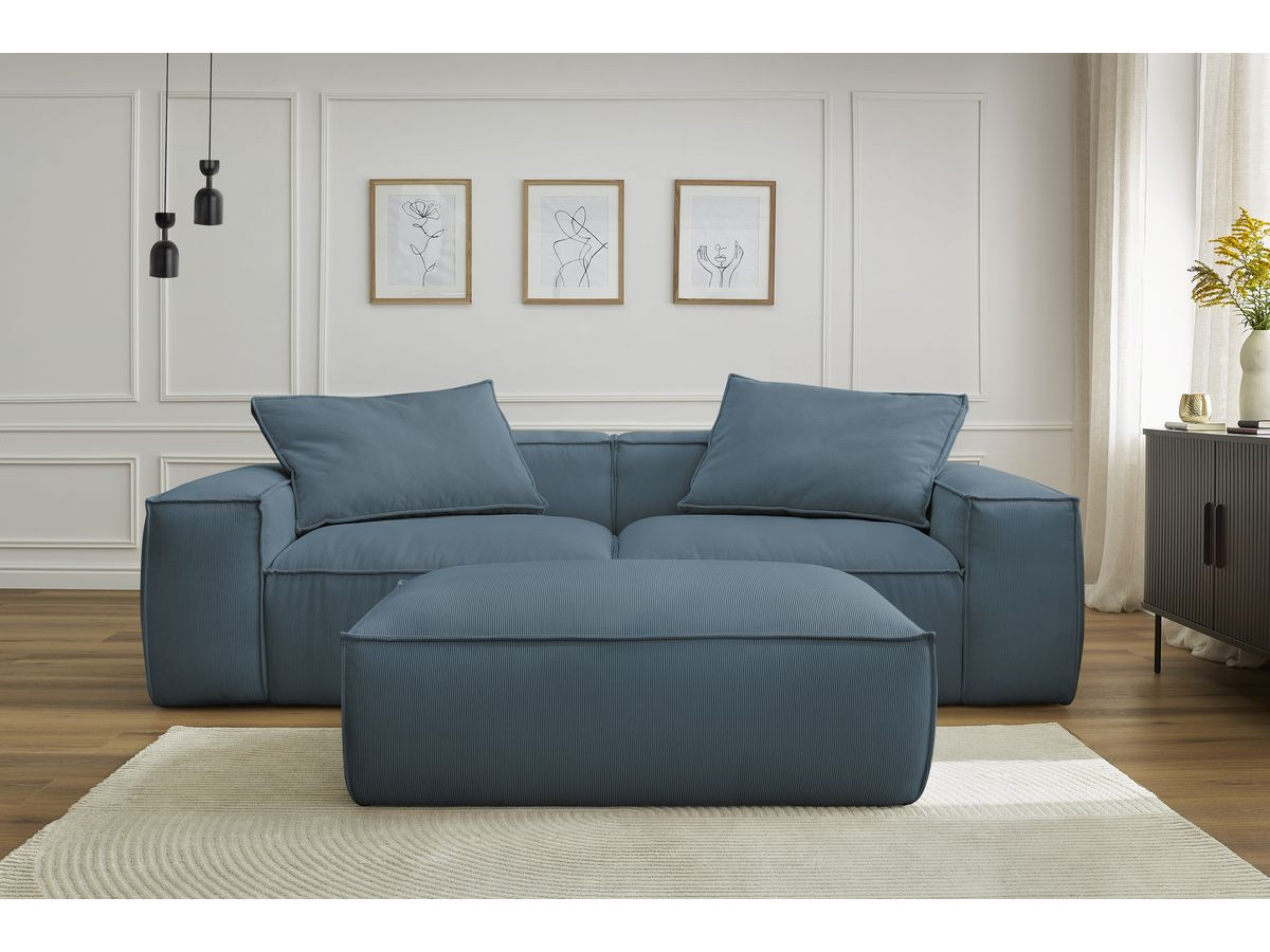 Canapé droit 3 places ultra moelleux BOHEME velours côtelé avec pouf bleu foncé