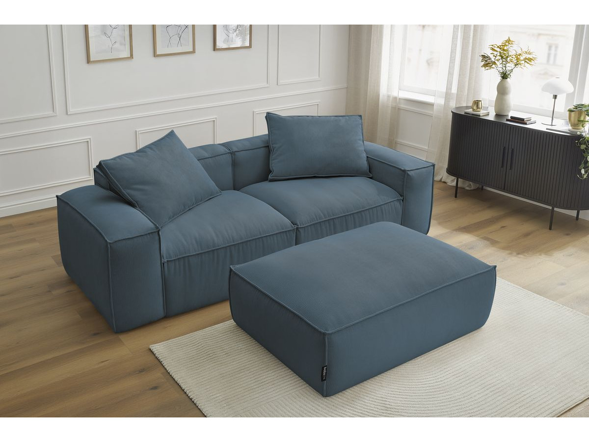 Canapé droit 3 places ultra moelleux BOHEME velours côtelé avec pouf bleu foncé — vue 6