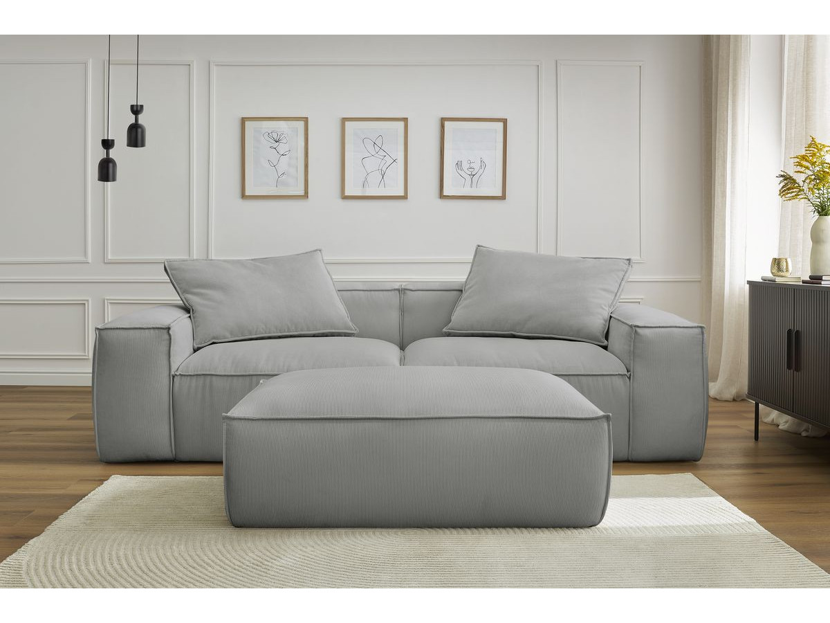Canapé droit 3 places ultra moelleux BOHEME velours côtelé avec pouf gris clair — vue 6