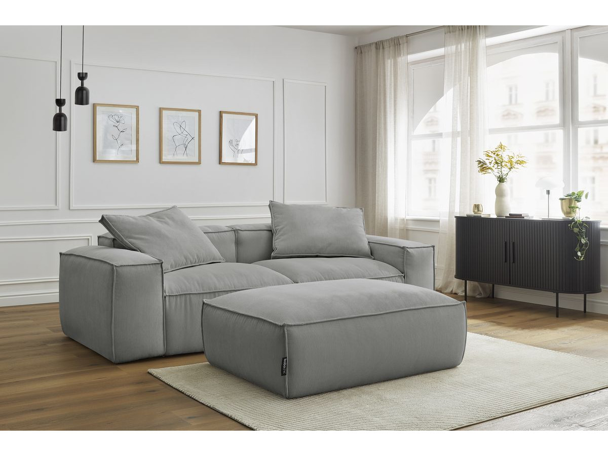 Canapé droit 3 places ultra moelleux BOHEME velours côtelé avec pouf gris clair — vue 5
