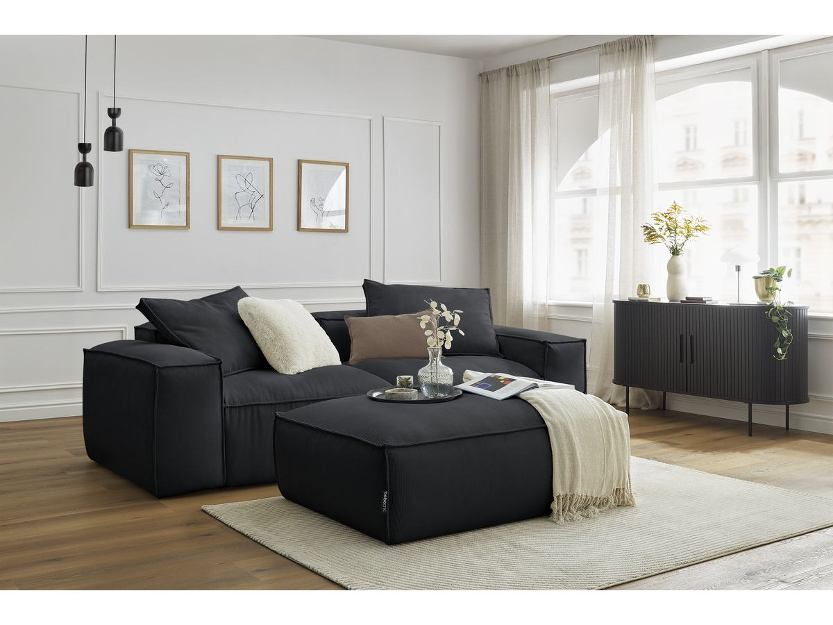 Canapé droit 3 places ultra moelleux BOHEME velours côtelé avec pouf noir