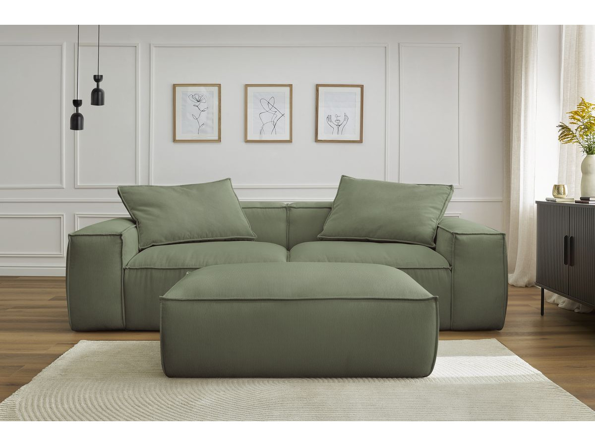 Canapé droit 3 places ultra moelleux BOHEME velours côtelé avec pouf vert — vue 6