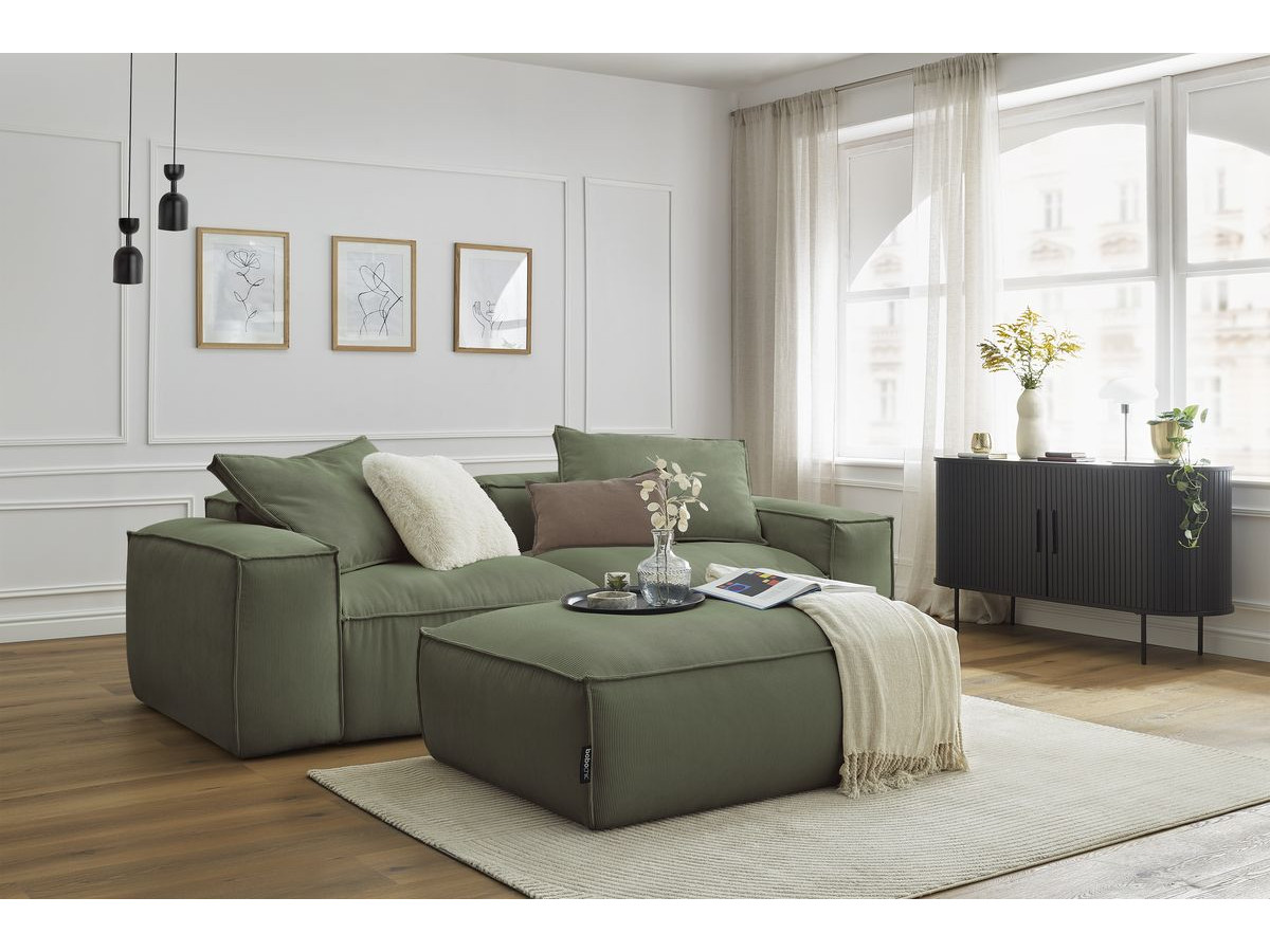 Canapé droit 3 places ultra moelleux BOHEME velours côtelé avec pouf vert