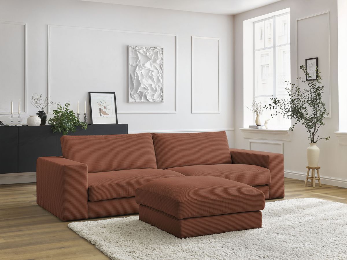 Canapé droit fixe 3 places LEONARD velours côtelé avec pouf