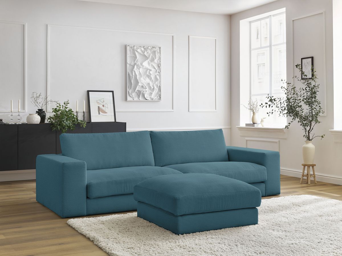 Canapé droit fixe 3 places LEONARD velours côtelé avec pouf
