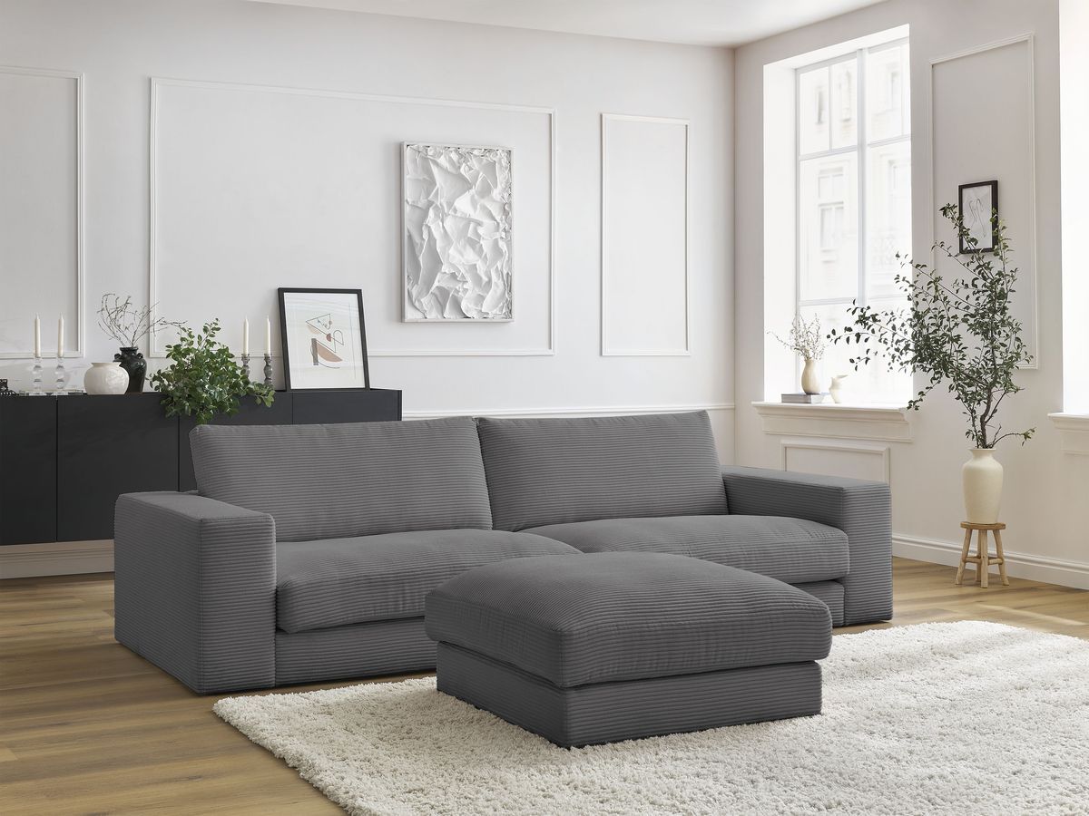 Canapé droit fixe 3 places LEONARD velours côtelé avec pouf