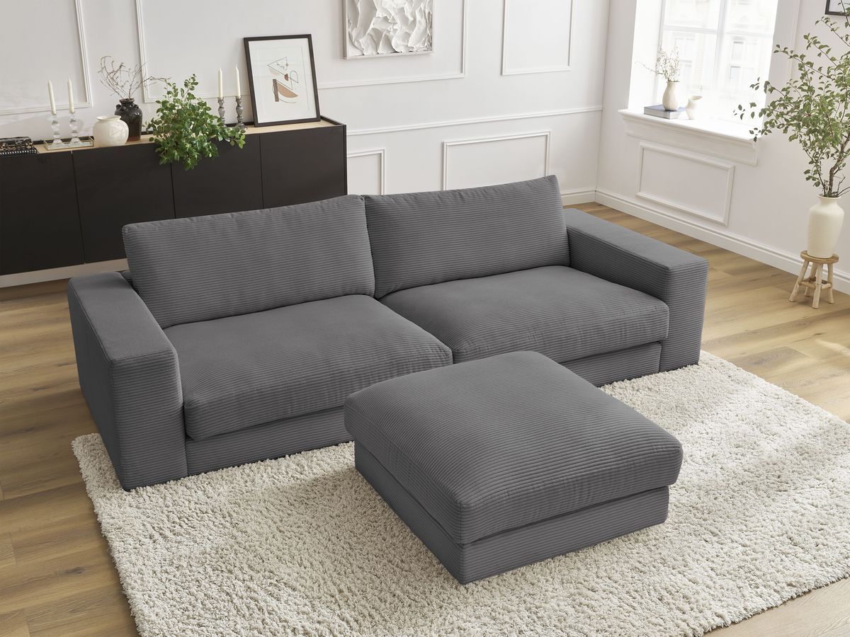 Canapé droit 3 places LEONARD velours côtelé avec pouf gris foncé — vue 5