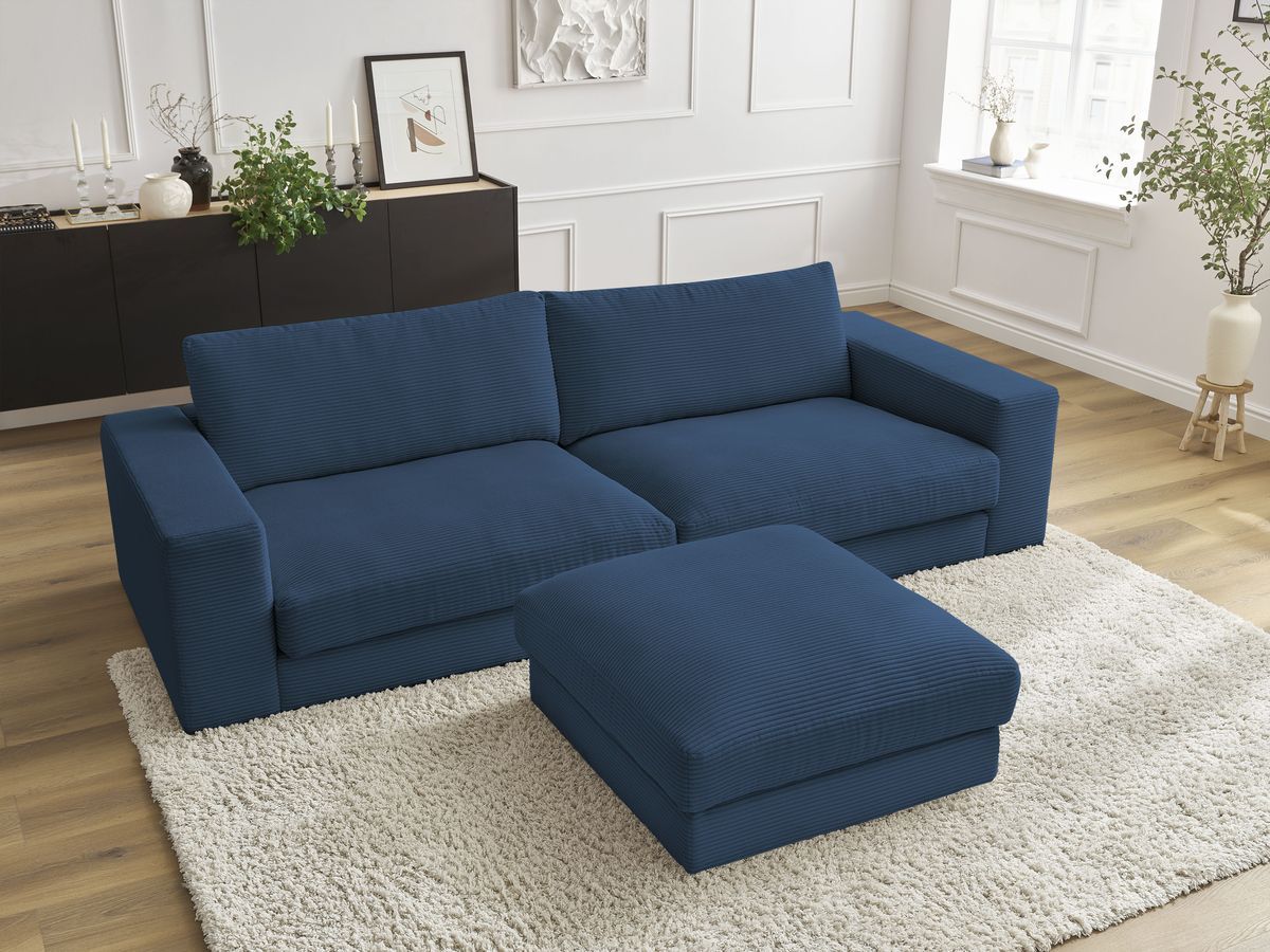 Canapé droit 3 places LEONARD velours côtelé avec pouf bleu foncé — vue 5