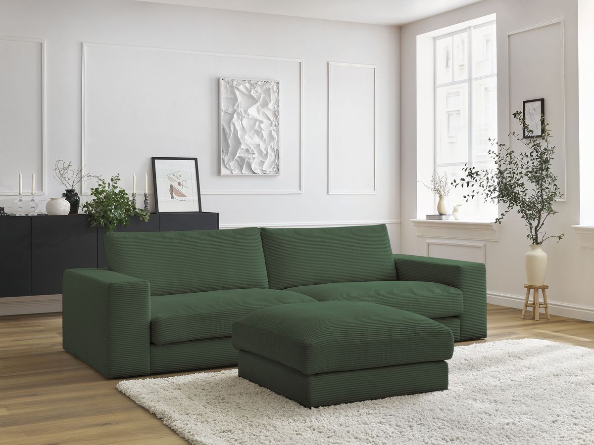 Canapé droit fixe 3 places LEONARD velours côtelé avec pouf