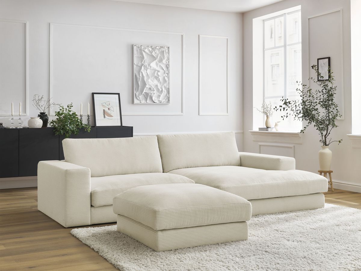 Canapé d'angle fixe LEONARD velours côtelé avec pouf