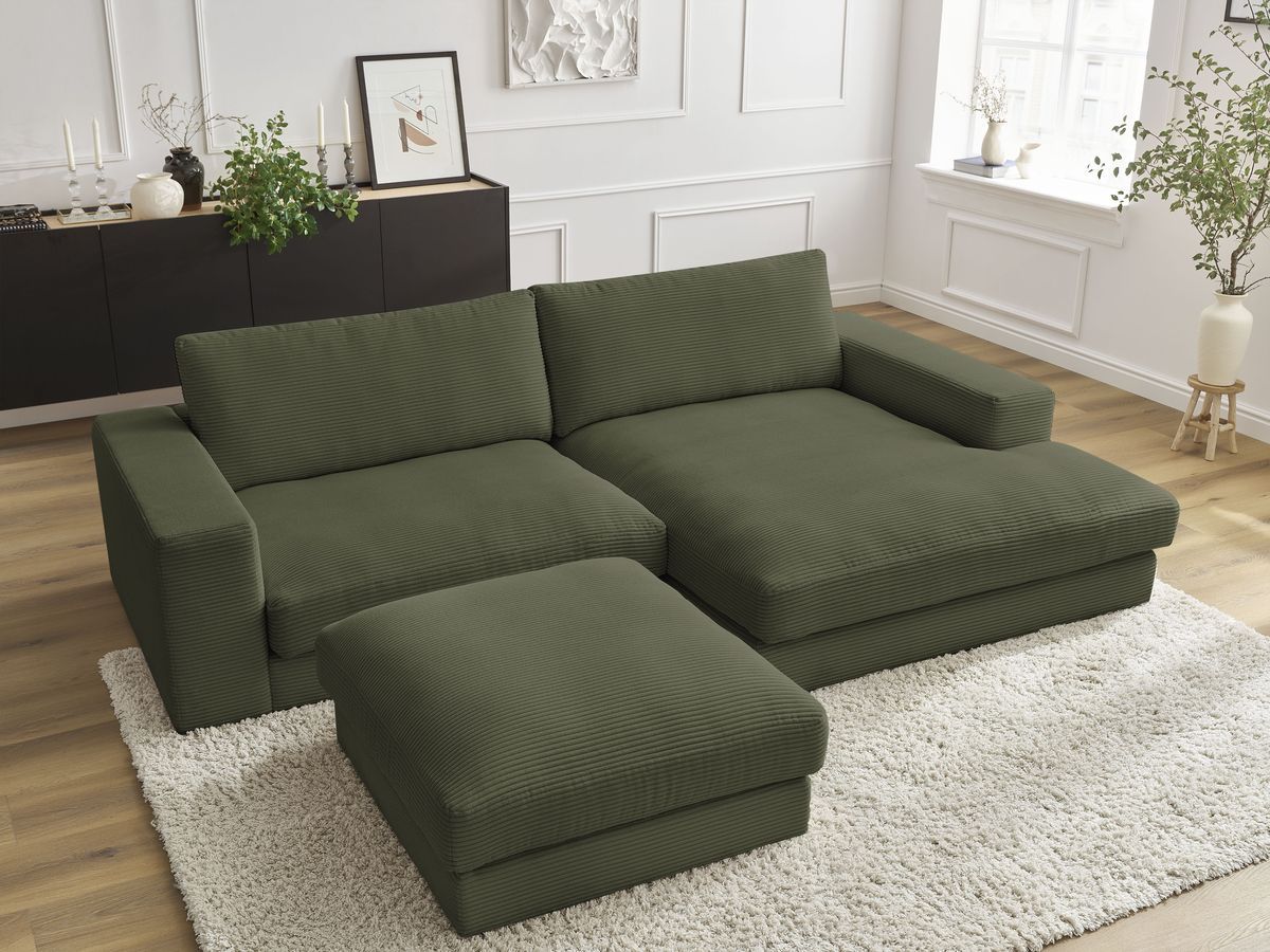 Canapé d'angle LEONARD velours côtelé avec pouf vert clair — vue 5