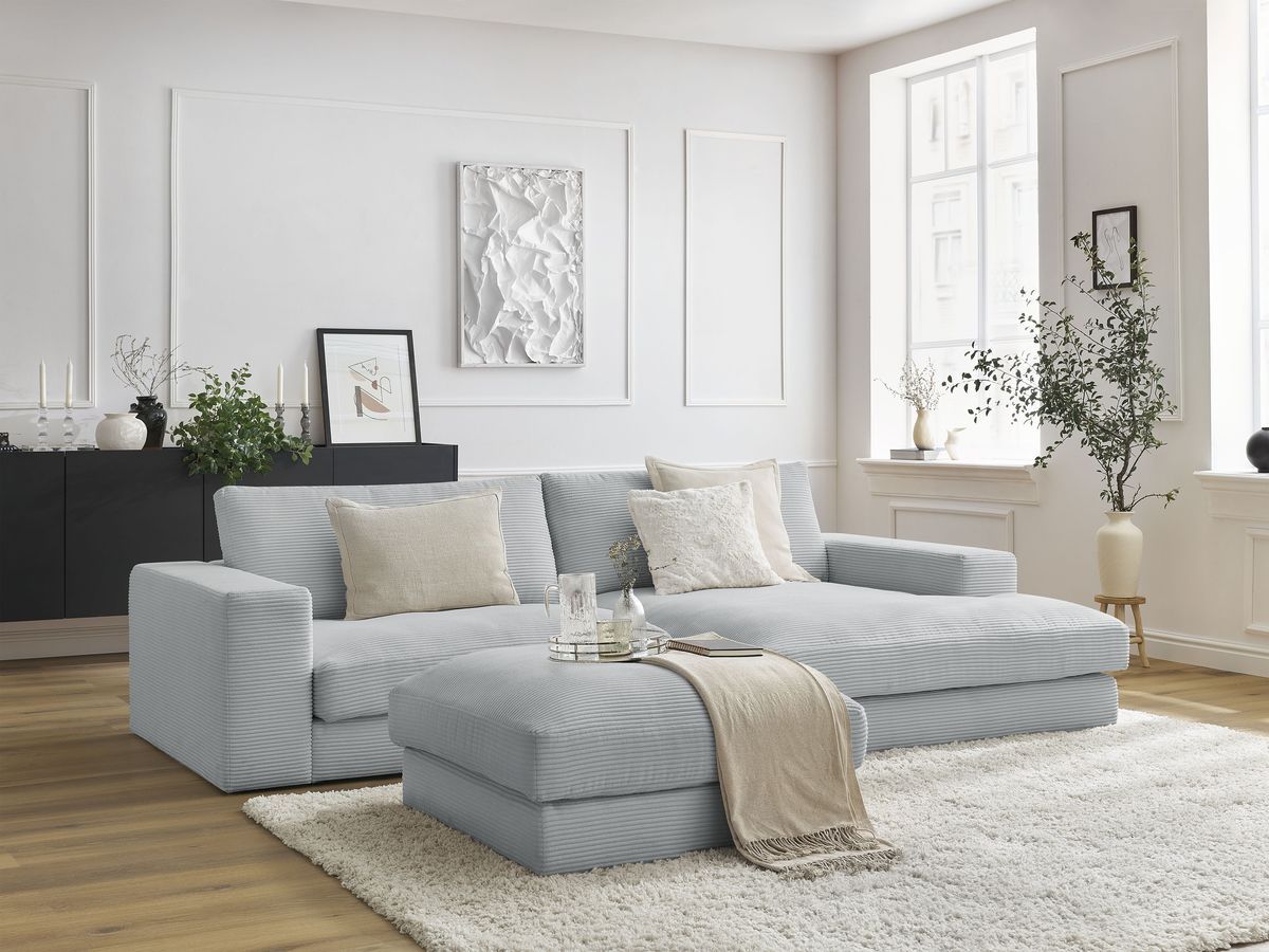 Canapé d'angle LEONARD velours côtelé avec pouf gris clair