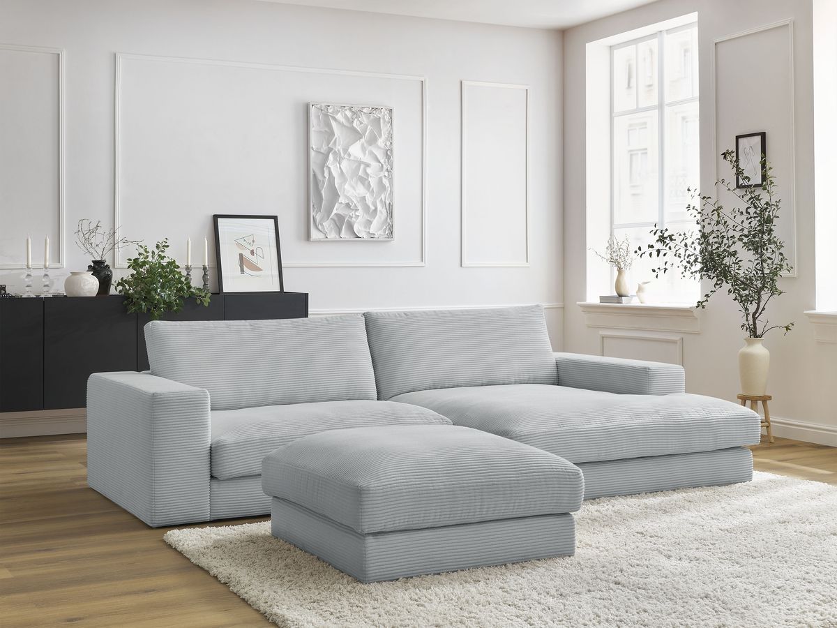 Canapé d'angle LEONARD velours côtelé avec pouf gris clair — vue 4