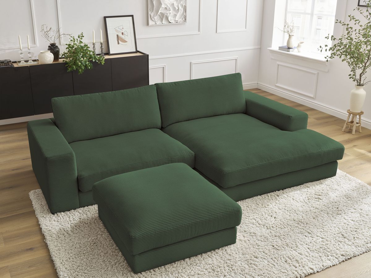 Canapé d'angle LEONARD velours côtelé avec pouf vert foncé — vue 5