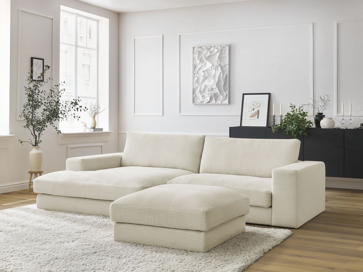 Canapé d'angle fixe LEONARD velours côtelé avec pouf beige angle gauche BOBOCHIC 5 places - Vue supplémentaire 2