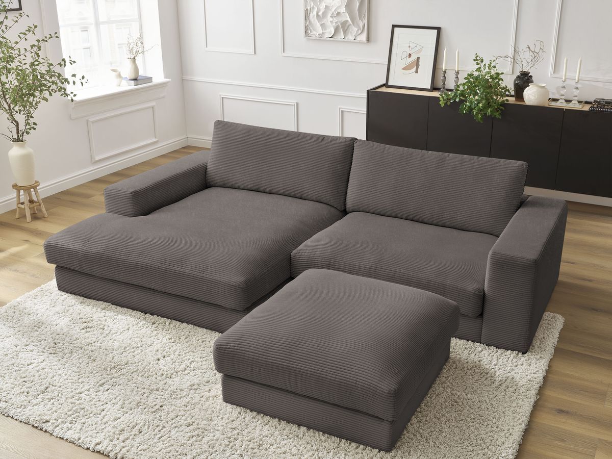 Canapé d'angle fixe LEONARD velours côtelé avec pouf marron angle gauche BOBOCHIC 5 places - Vue supplémentaire 3