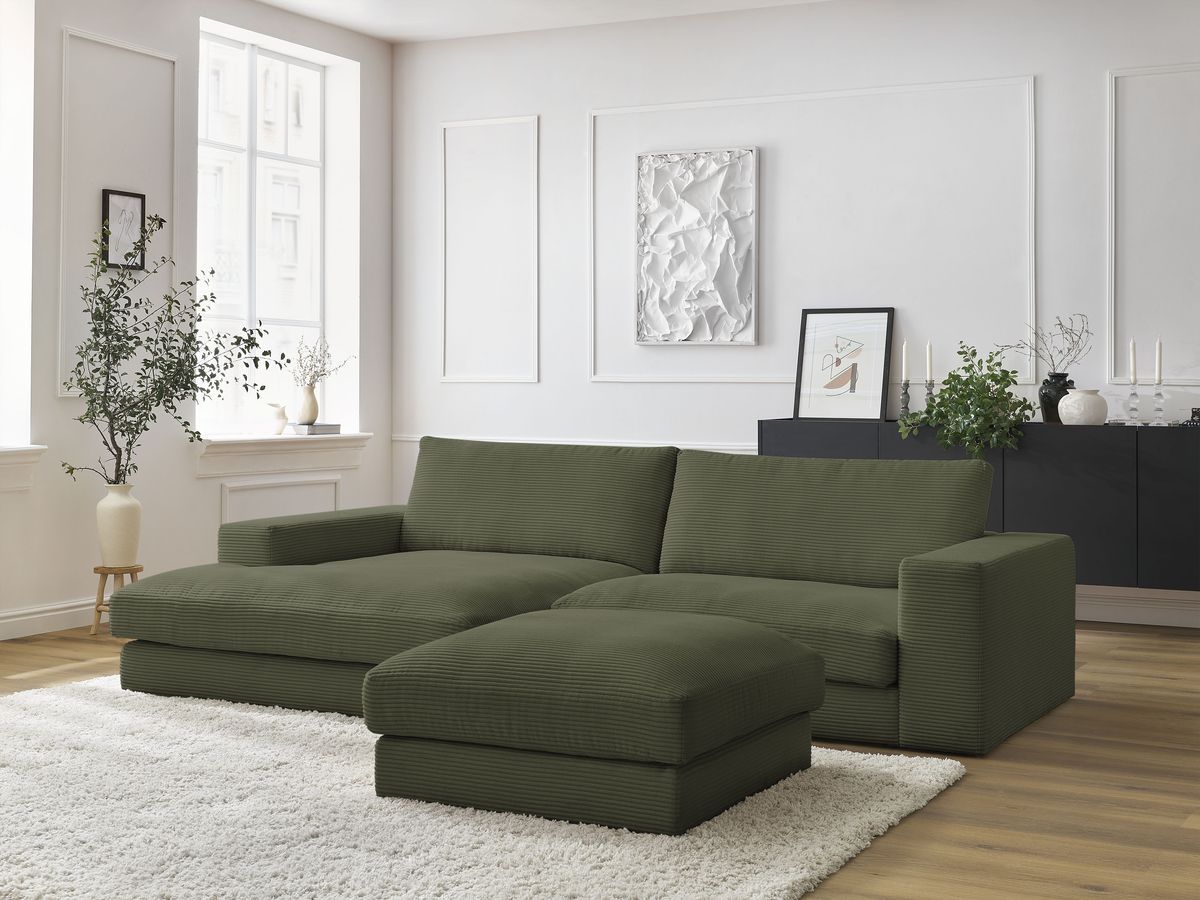 Canapé d'angle fixe LEONARD velours côtelé avec pouf