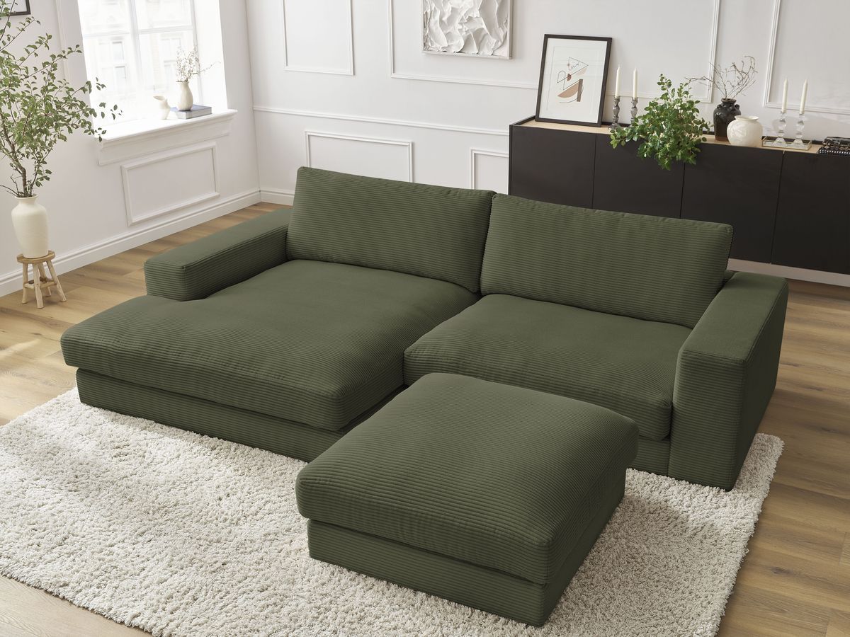 Canapé d'angle fixe LEONARD velours côtelé avec pouf vert clair angle gauche BOBOCHIC 5 places - Vue supplémentaire 3