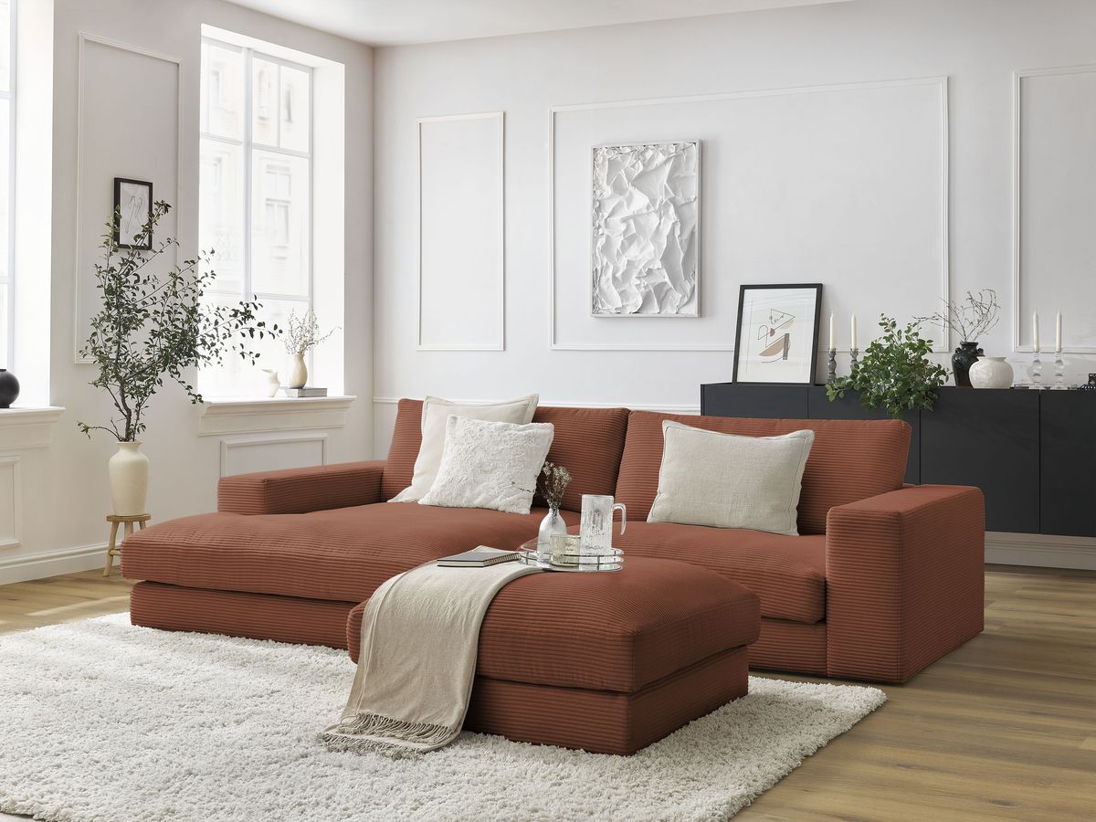 Canapé d'angle fixe LEONARD velours côtelé avec pouf