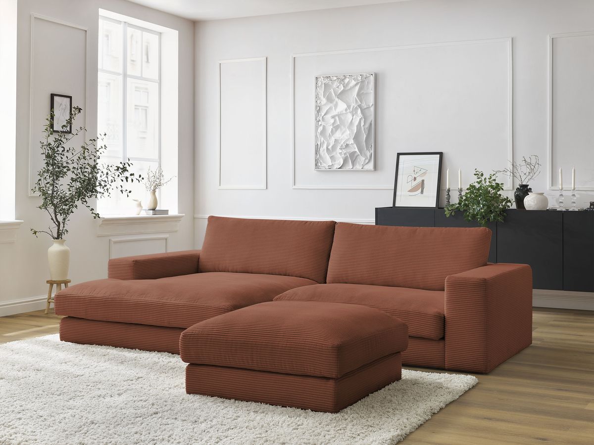 Canapé d'angle fixe LEONARD velours côtelé avec pouf