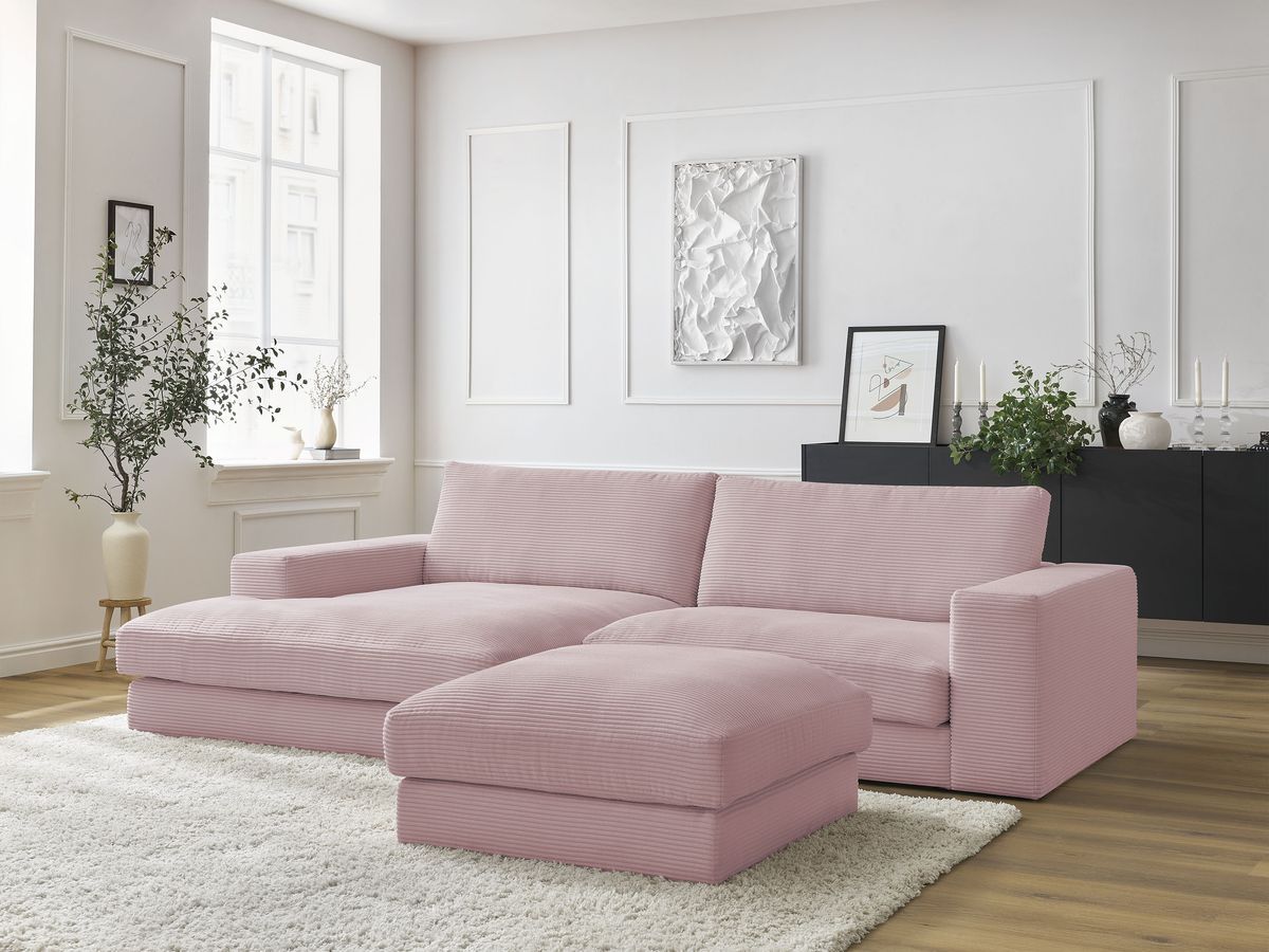 Canapé d'angle fixe LEONARD velours côtelé avec pouf violet angle gauche BOBOCHIC 5 places - Vue supplémentaire 2