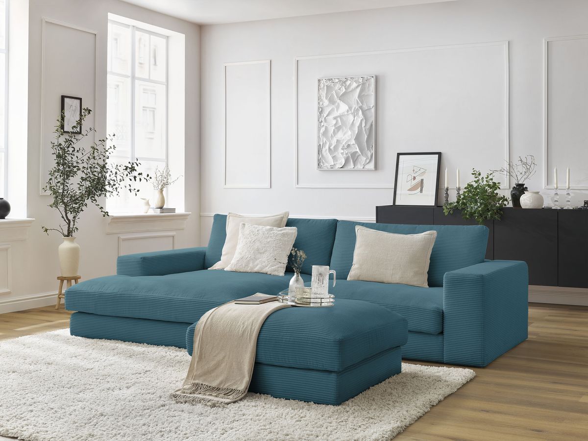 Canapé d'angle fixe LEONARD velours côtelé avec pouf