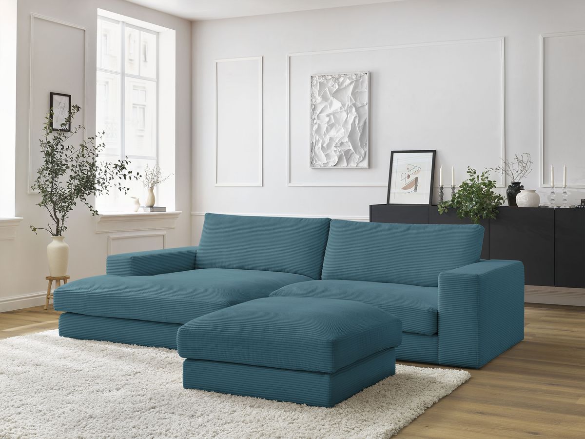 Canapé d'angle fixe LEONARD velours côtelé avec pouf