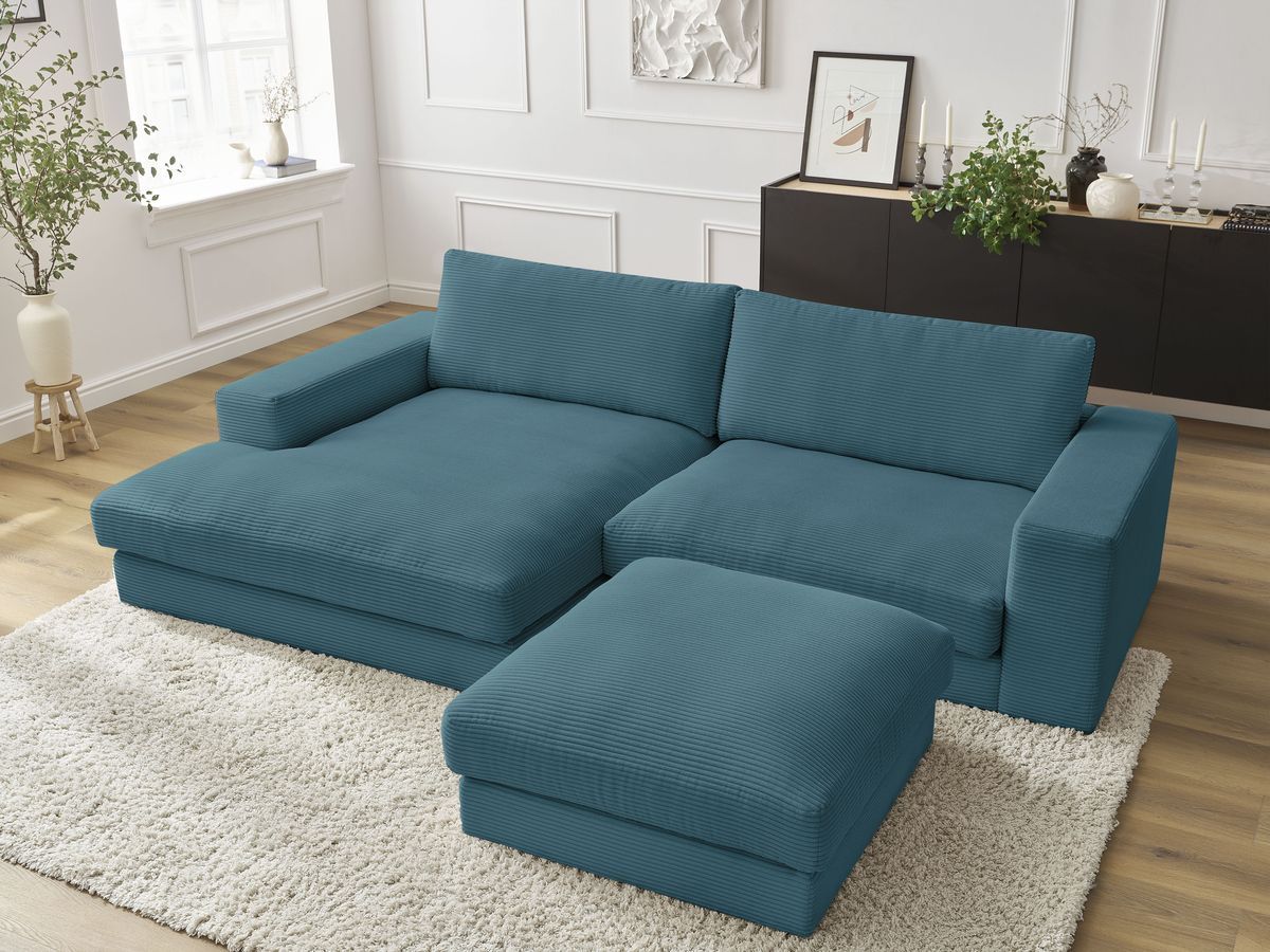 Canapé d'angle fixe LEONARD velours côtelé avec pouf bleu clair angle gauche BOBOCHIC 5 places - Vue supplémentaire 3