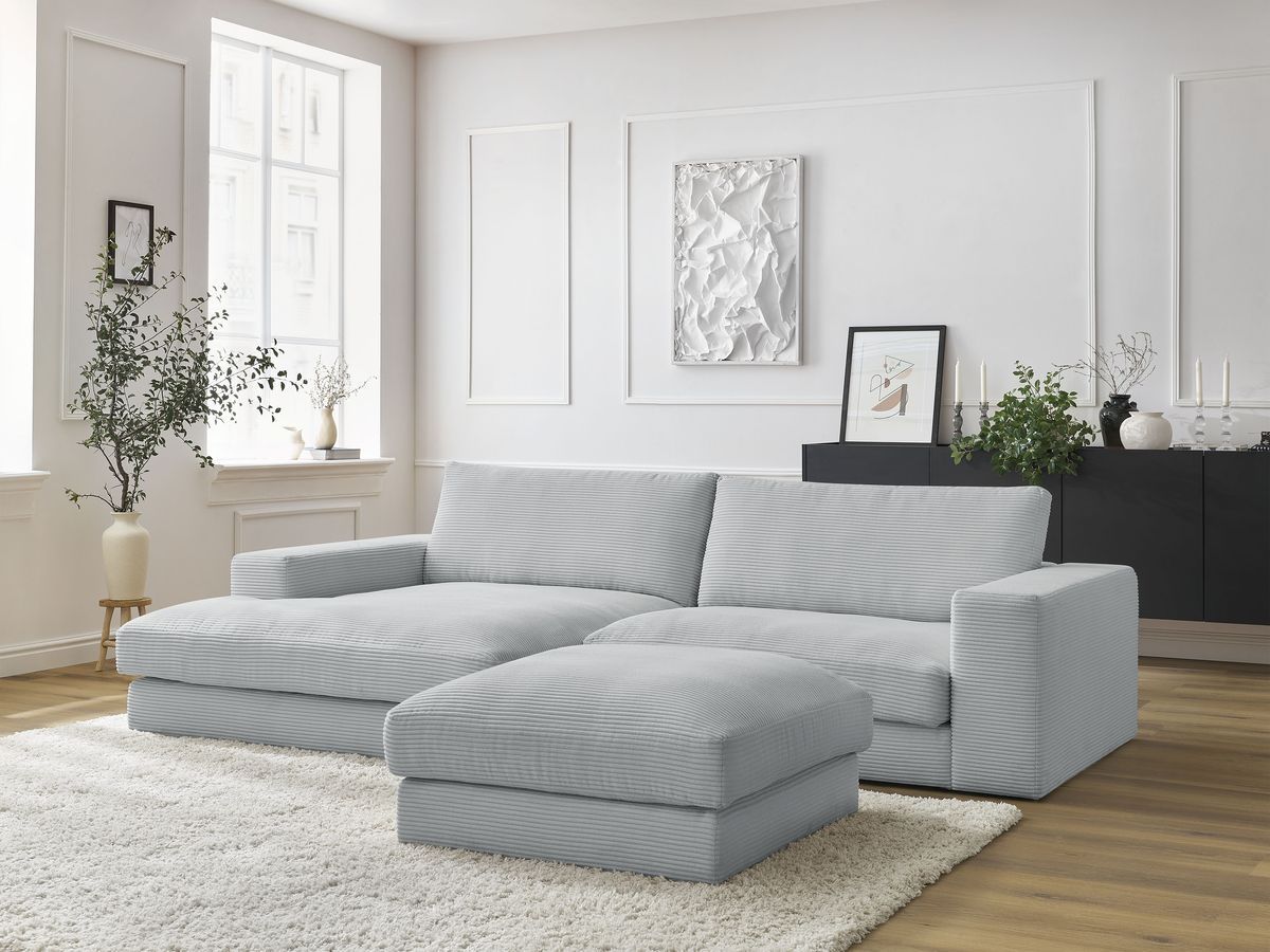 Canapé d'angle fixe LEONARD velours côtelé avec pouf