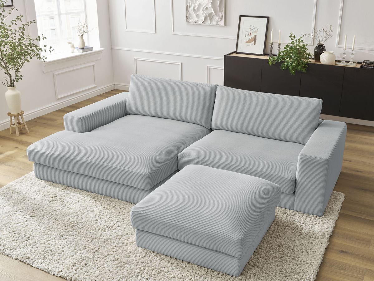 Canapé d'angle fixe LEONARD velours côtelé avec pouf gris clair angle gauche BOBOCHIC 5 places - Vue supplémentaire 3