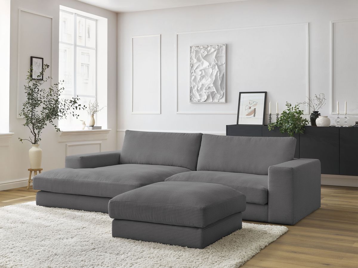 Canapé d'angle fixe LEONARD velours côtelé avec pouf gris foncé angle gauche BOBOCHIC 5 places - Vue supplémentaire 2