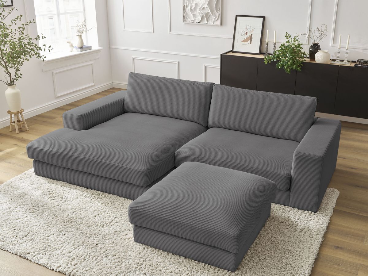 Canapé d'angle fixe LEONARD velours côtelé avec pouf gris foncé angle gauche BOBOCHIC 5 places - Vue supplémentaire 3