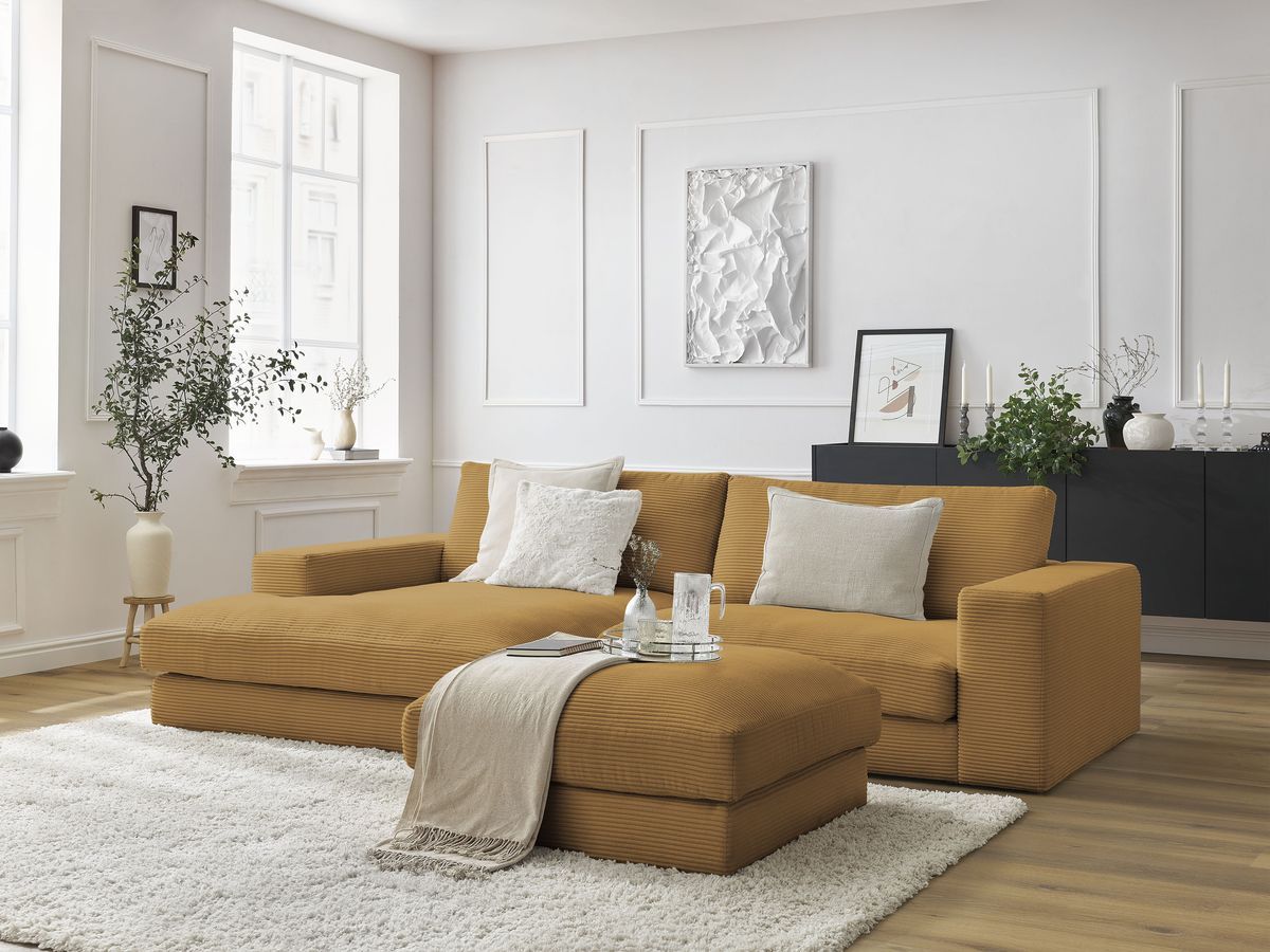 Canapé d'angle fixe LEONARD velours côtelé avec pouf