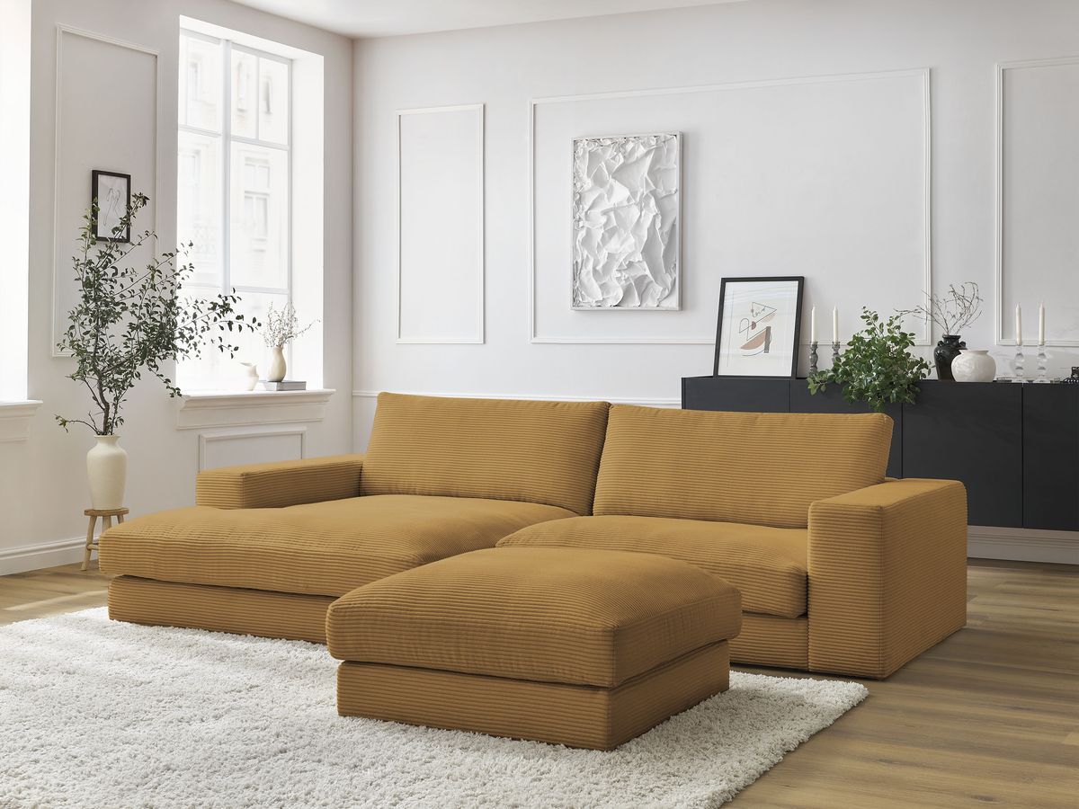 Canapé d'angle fixe LEONARD velours côtelé avec pouf
